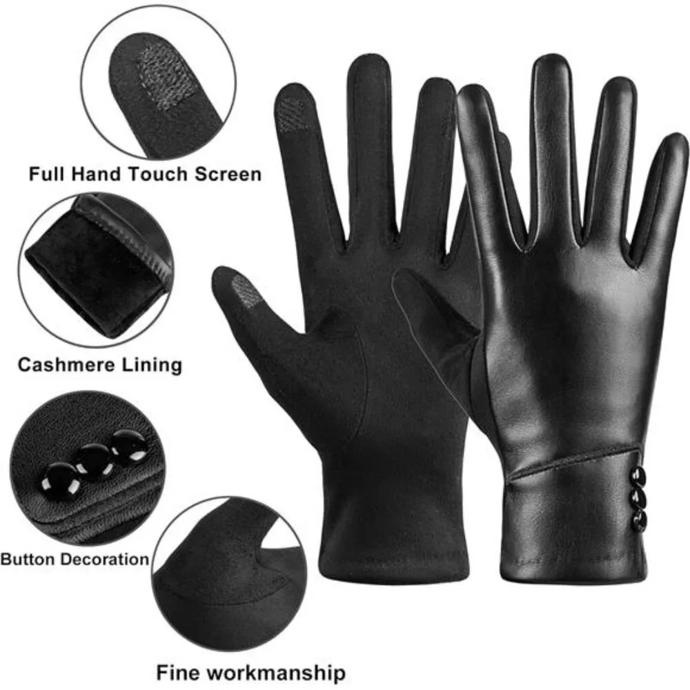 Women's Winter Fashion Leather Gloves Touch Screen Wool Lined Suede Gloves